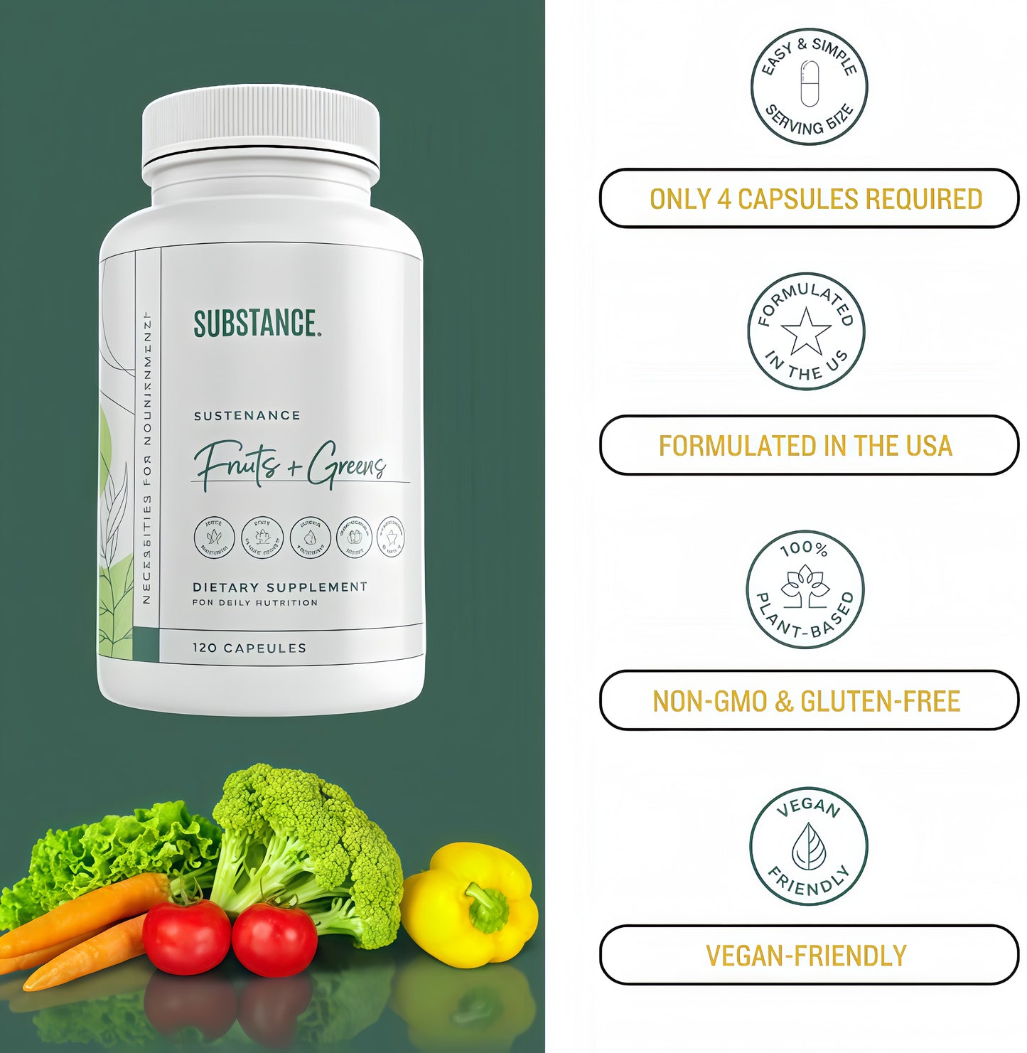 SUBSTANCE.- Nature's Sustenance Daily Greens, Daily Fruit and Veggies Supplement - Enhance Energy, Mental Clarity - Fruits and Vegetables
